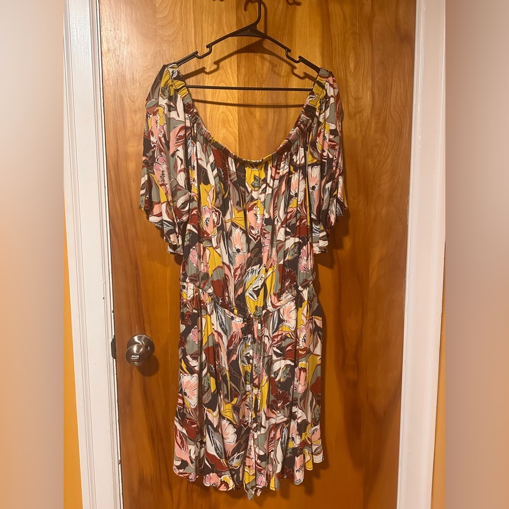 Torrid Brown and Yellow Ruffled Jumpsuit with Scoop Neck
